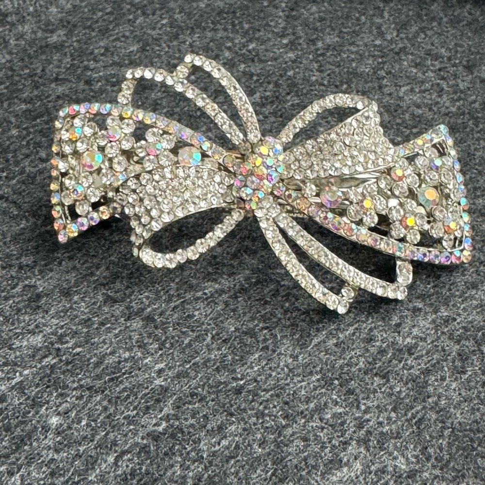 Elegant Silver Crystal Bow Hair Clip